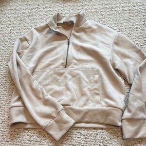 Tan Zip Up Sweater with Relaxed Fit and Stand-Up Collar
